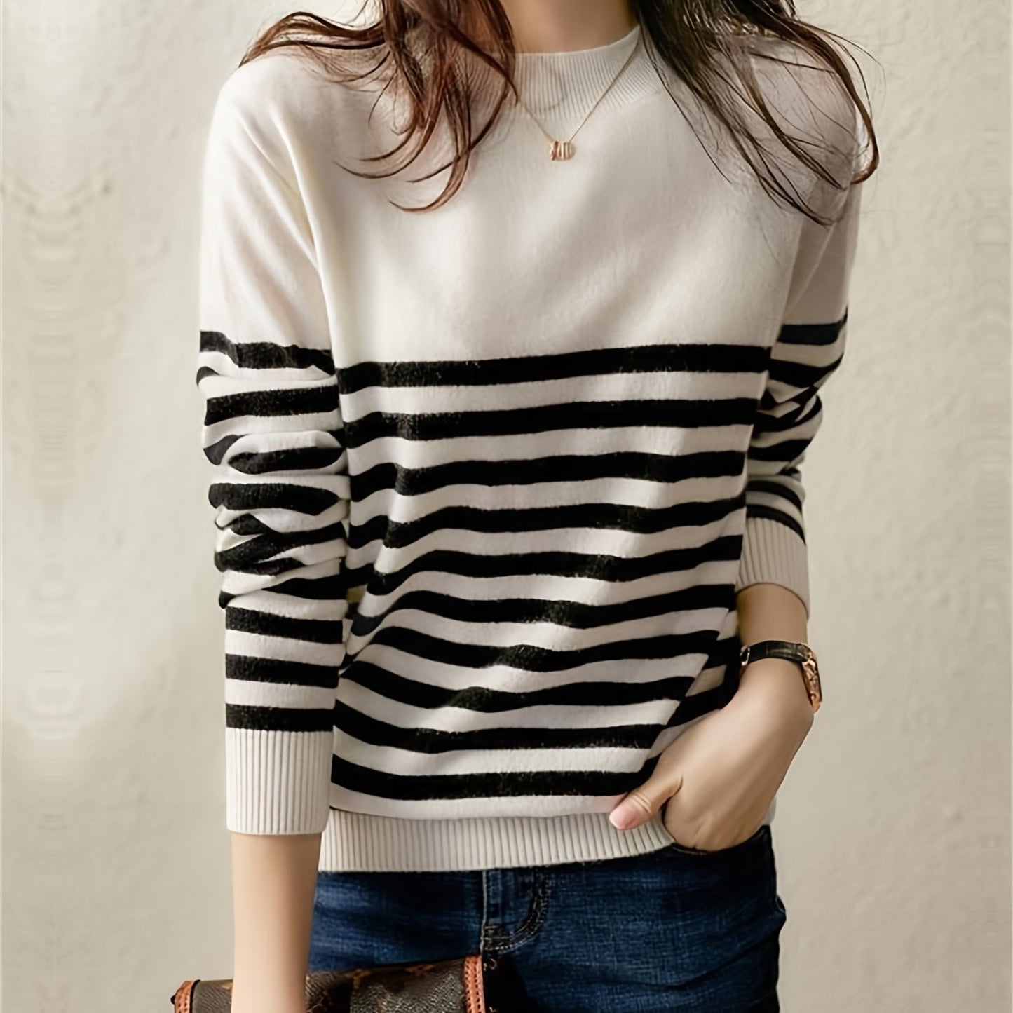 Կանացի Casual Color Block Crew պարանոցով սվիտեր, երկարաթև տրիկոտաժե վերնաշապիկ, վիսկոզայի խառնուրդ 75% պոլիեսթեր 25%, միջին ձգվող, բոլոր եղանակներին, 350 գ/մ² Գործվածքի քաշը