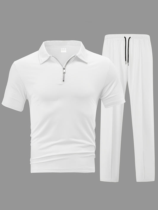 Men'S Casual 2pcs Set Knitted: Zipper Short Sleeve Shirt and Drawstring Pants - Black, Polyester, Suitable for Spring/Summer Casual Wea