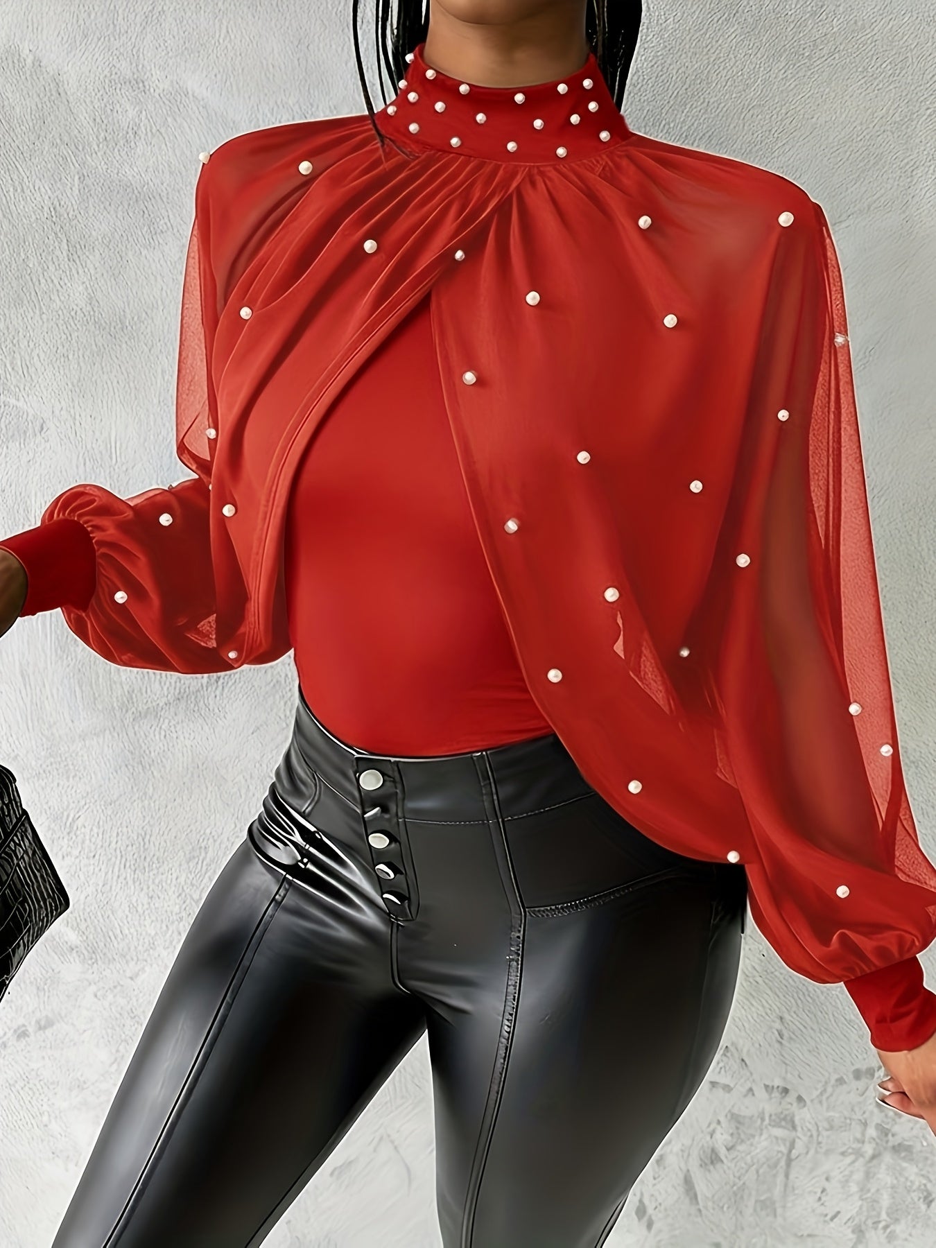 Կանացի էլեգանտ բաց ուսով/մեկ ուսով թունիկ վերնաշապիկ - կարմիր/ - երկար թևքով բլուզ մարգարիտանման ուլունքներով - պաշտոնական և ամենօրյա շքեղ հանդերձանք - գարուն/աշուն, նորաձևության սիրահարներ, ոճային բլուզ, որակյալ կար, նրբագեղ դիզայն, սե