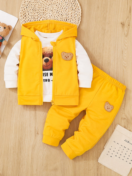 3pcs Children's Boy Bear Embroidery Set, with Hooded Vest, Bear Print Sweatshirt and Pants Outdoor Suit, Children's Spring and Autumn Clothing, as a Gift, Outdoor Wear - Ayq