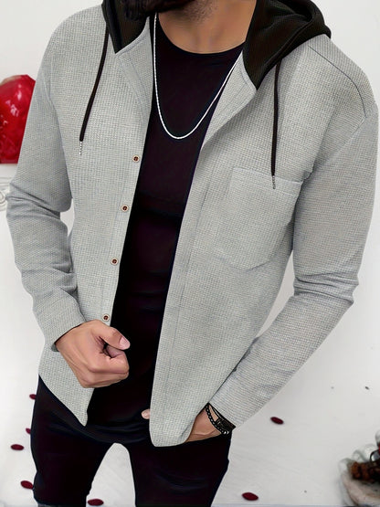 Տղամարդու առօրյա գլխարկով բաճկոն - փափուկ, շնչող պոլիեսթերից՝ կոճակներով դիզայնով և գրպաններով | Հիանալի է գարնանային, աշնանային և բացօթյա գործունեության համար, երկար թևքերով, նորաձև, ամենօրյա, հանգստի ոճով, ավանդական տարբերակով