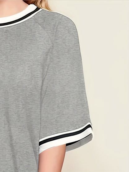 Կանացի մեծ չափսի առօրյա հանգստի հավաքածու - մոխրագույն և սպիտակ գծավոր մեծ չափսի մարզաշապիկ համապատասխան մարզաշապիկով, հարմարավետ բոլոր եղանակների տնային հագուստ, մարզաշապիկներ կանանց համար