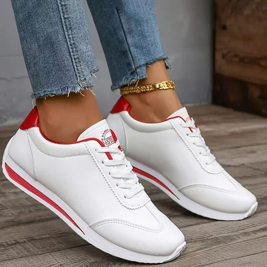 Women's Classic White Low-Top Sneakers - Lightweight Comfortable Lace-Up Shoes with Durable Rubber Sole & Breathable Fabric Lining, PU Synthetic Cover Upper, All-Season Versatile Casual Shoes for Casual Attire, Sleek Shoe Des