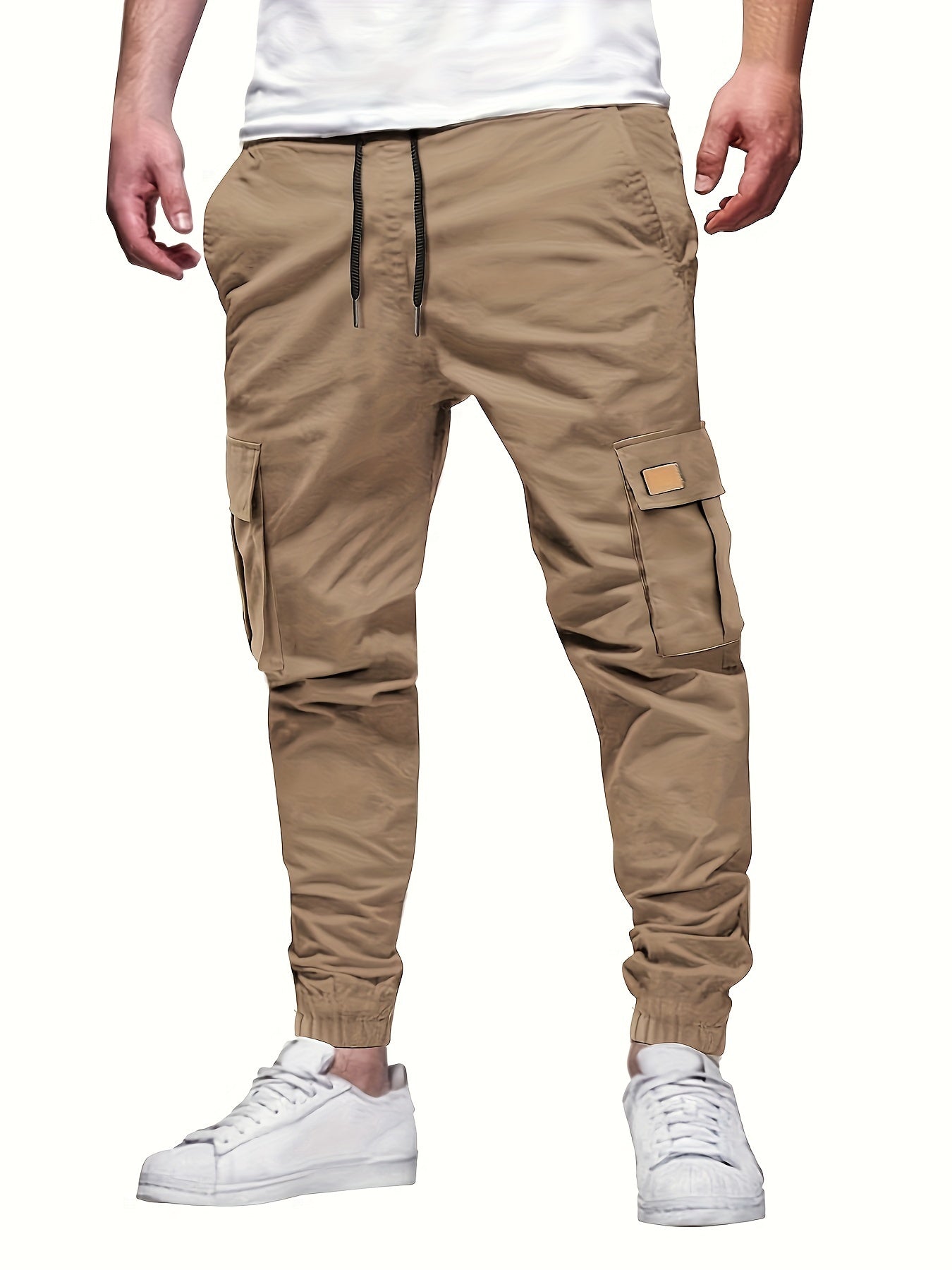 Men'S Fashion Cargo Pants, 100% Polyester Woven Fabric, All-Season Loose Fit with Drawstring Waist, Multi-Pocket Design, Solid Color, Mid Waist, Regular Length, Non-Stretch, Casual Joggers for Weekend - 160g/m²