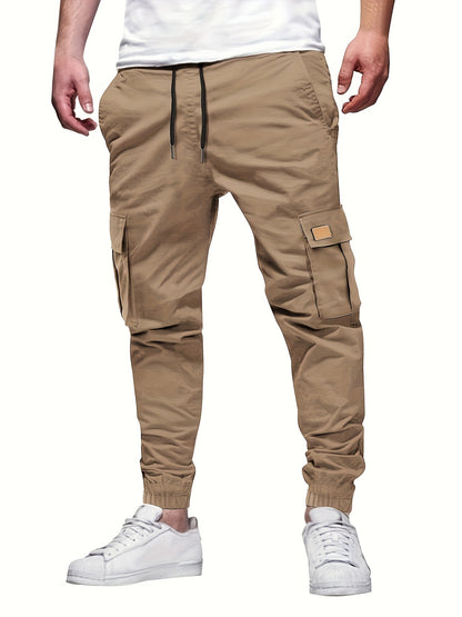 Men'S Fashion Cargo Pants, 100% Polyester Woven Fabric, All-Season Loose Fit with Drawstring Waist, Multi-Pocket Design, Solid Color, Mid Waist, Regular Length, Non-Stretch, Casual Joggers for Weekend - 160g/m²
