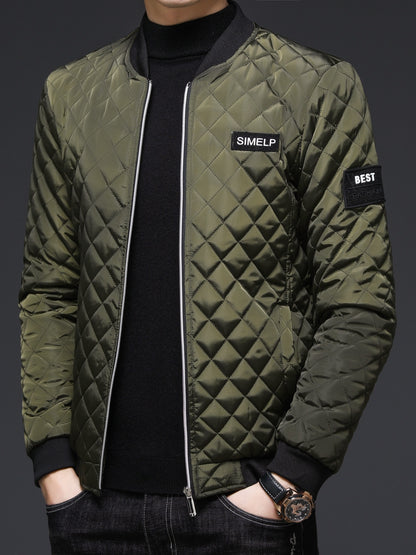 Men's Casual Quilted Zip Up Jacket, Chic Baseball Collar Jacket For Fall Winter
