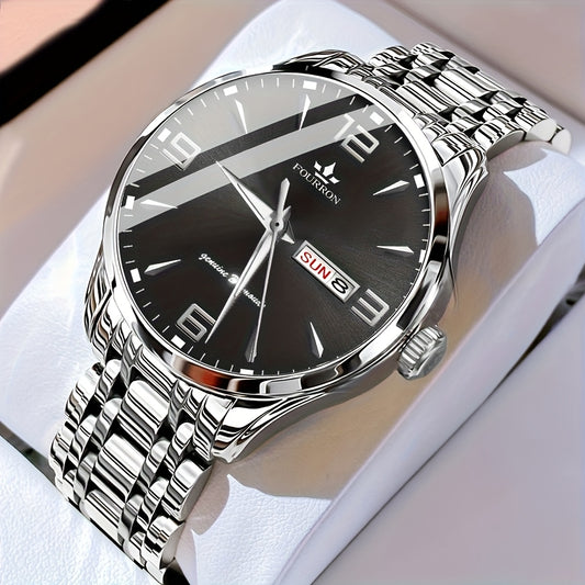 1 հատ նոր FOURRON տղամարդու չժանգոտվող պողպատե ժապավենով քվարցե ժամացույց - մեծ HD քերծվածքակայուն և մաշվածությանը դիմացկուն ցուցանակ, IPX7 ջրակայուն, լուսավոր, ամսաթվի և օրացույցի ֆունկցիա, լուռ մեխանիզմ, ոճային նվեր նրա համար