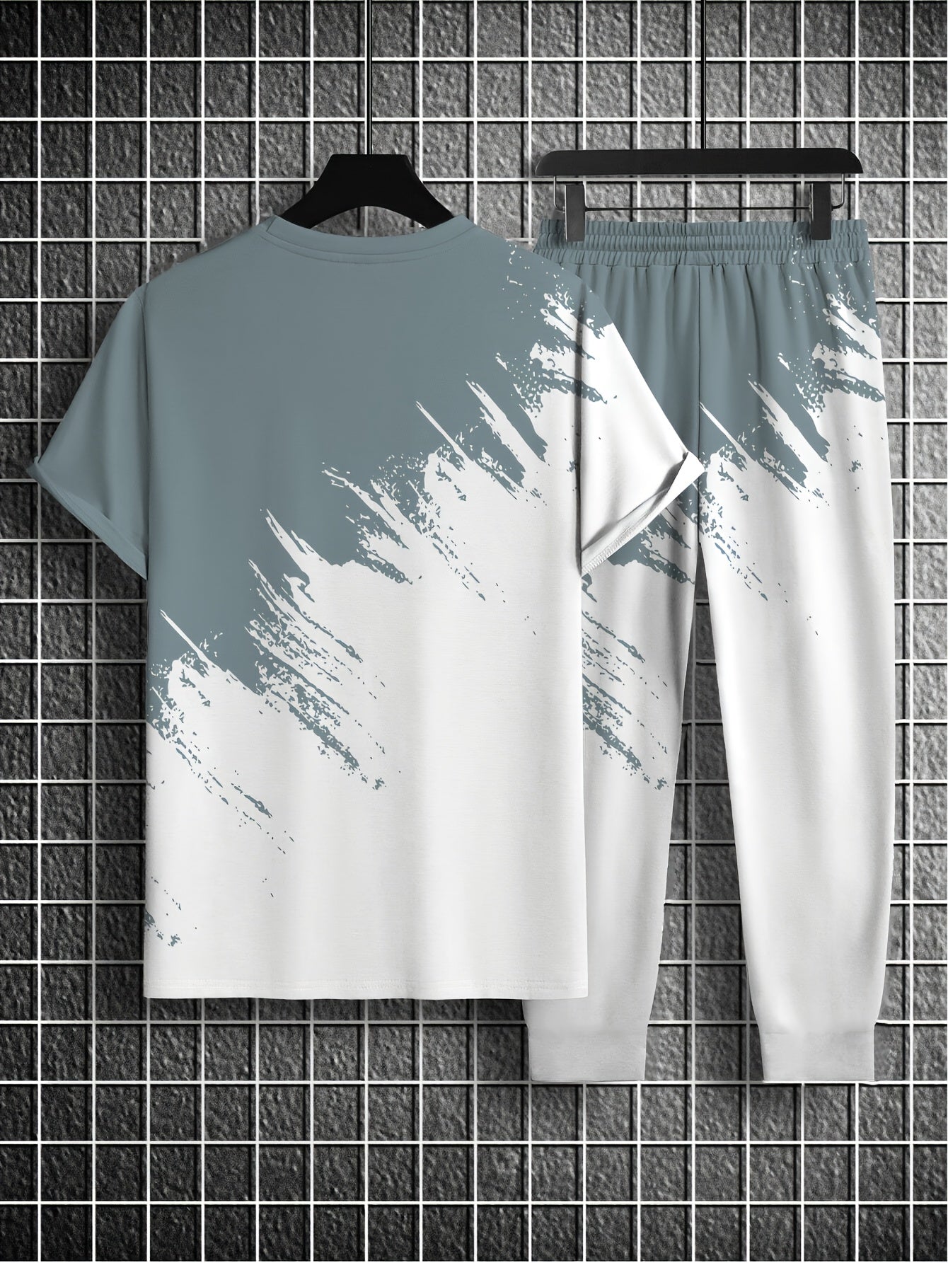 Տղամարդկանց նորաձևության գրադիենտային նախշերով, կլոր վզնոցով, կարճ թևքով մարզաշապիկ և տաբատ, երկու մասից բաղկացած հավաքածու՝ բացօթյա սպորտի համար