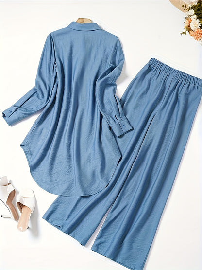 Երկու կտոր կանացի միագույն երկարաթև վերնաշապիկ և տաբատ, մինիմալիստական, առօրյա և նորաձև հավաքածու [NS702], պոլիեսթեր, կոնտրաստային ժանյակե դետալներով, էլեգանտ ոճ, գարուն/ամառ