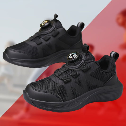 [Backtoschool Essential] Youngsters' Breathable Mesh Running Shoes with Rotating Buckle - Lightweight, All-Season Sneakers for Boys & Girls, Black, Casual & Sporty Design for School, Outdoor Activities & Casual Attire, Casual