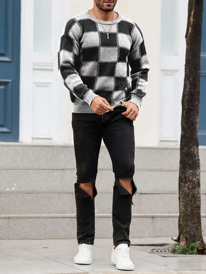 Տղամարդկանց գունաբլոկինգ տեքստուրային պրինտ, պատահական թրենդային սվիտեր, երկարաթև պուլովեր՝ որպես նվեր աշնան և ձմռան համար