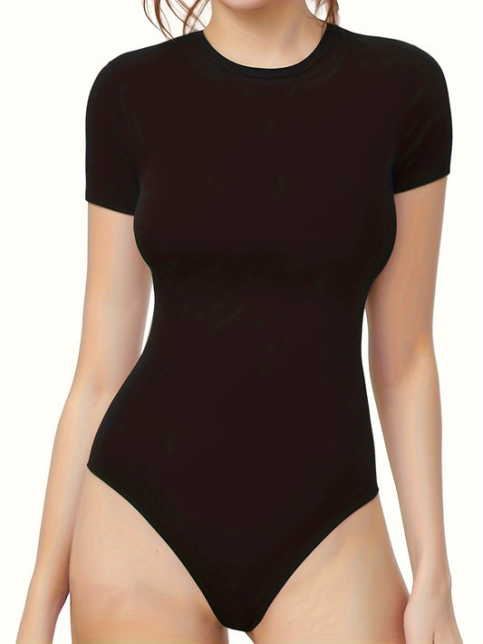 Կանացի կարճաթև կարճաթև բոդի կոստյում - փափուկ ձգվող կլոր պարանոց, սև պինդ գույն, հարթ պոլիեսթեր-սպանեքս խառնուրդ, բոլոր սեզոնային հարմարավետ կոմբինեզոն