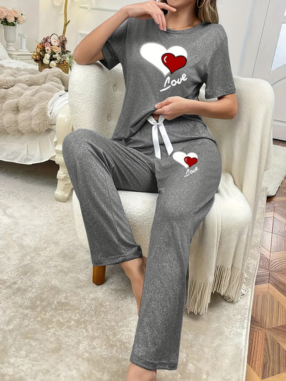Casual Leisure Suit, Women's Double Love Print Short Sleeve Round Neck T-shirt and Pants Pajama Two-Piece Set Casual Comfortable Soft Home Clothes