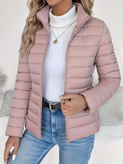 Women's Lightweight Winter Coat - Elegant Stand Collar Long Jacket, Machine Washable Cold Weather Outerwear for Fall/Winter, Formal & Everyday Use - Elegant Women's Outerwear, Casual Cold Wear, High Collar Design, Zipper Clos