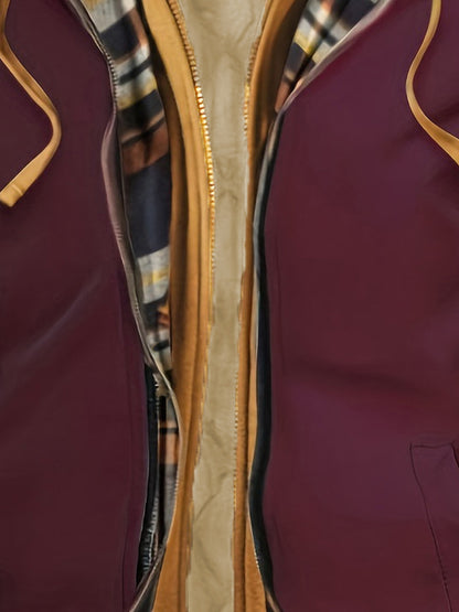 Men'S Warm Fleece-Lined Hooded Jacket with Plaid Details - Casual Winter Coat for Outdoor Activities, Zip-Up, Regular Fit, Polyester Lined, Functional Pockets, Windproof & Warm, Functional Winter Jacket | Stylish Men'S Jacket