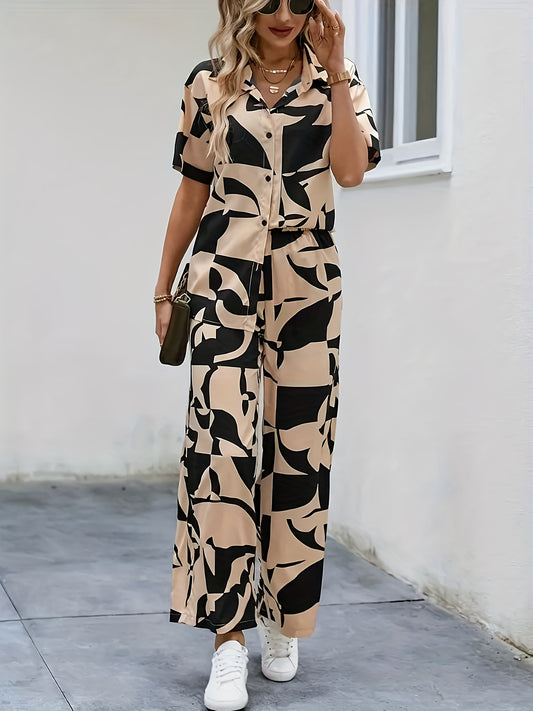 Geometric print button- short-sleeved shirt and wide-leg pants, a new set of elegant shirts for spring and summer