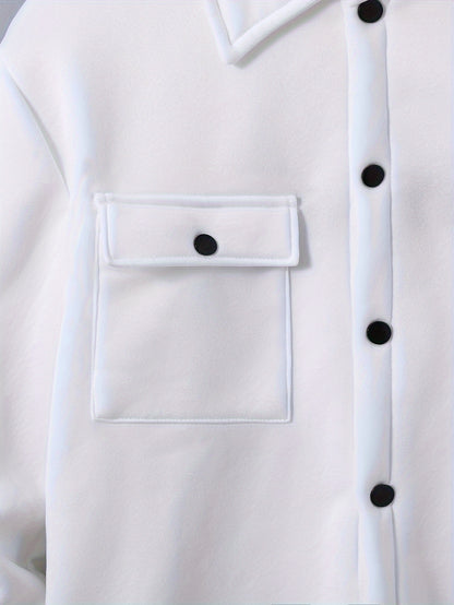 Տղամարդու 1 հավաքածու՝ միագույն պոլիեսթերից պատրաստված առօրյա հագուստ՝ երկար թևքերով, կոճակներով և օձիքով բաճկոնով, գրպաններով և լարով երկար տաբատի հավաքածու՝ աշուն/ձմեռ