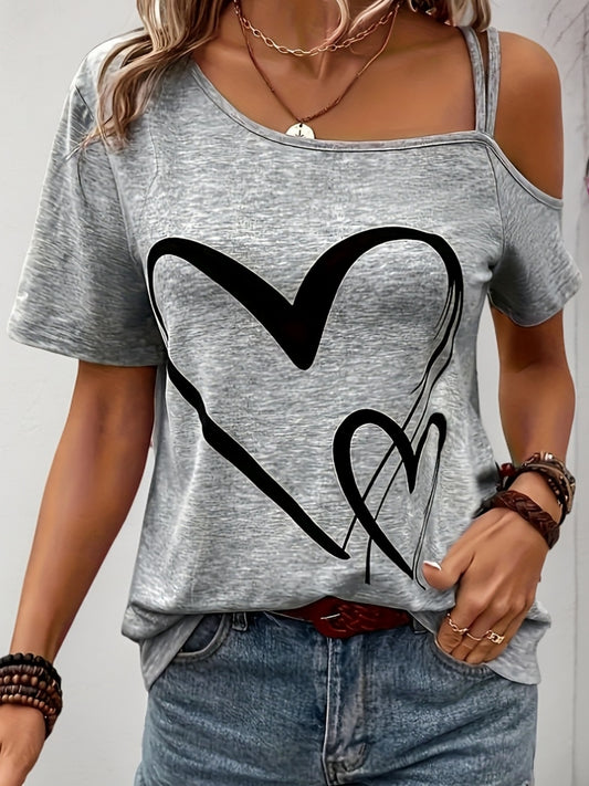 Heart Print Սառը ուսերով վերնաշապիկ, պատահական կարճաթև անթև ասիմետրիկ վերնաշապիկ, կանացի հագուստ