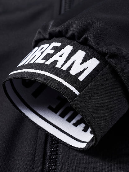 Տղամարդկանց ամենօրյա սպորտային հագուստի հավաքածու - բեժ գույնի ճարմանդով բաճկոն և մարզական տաբատ "DARE TO BE" տպագրությամբ, երկար թևերով, գրպաններով և քաշվող գոտիով, իդեալական է վազքի և հանգստի համար, գարուն/աշուն հավաքածու, գարուն-աշուն հագուստ | Zipup J