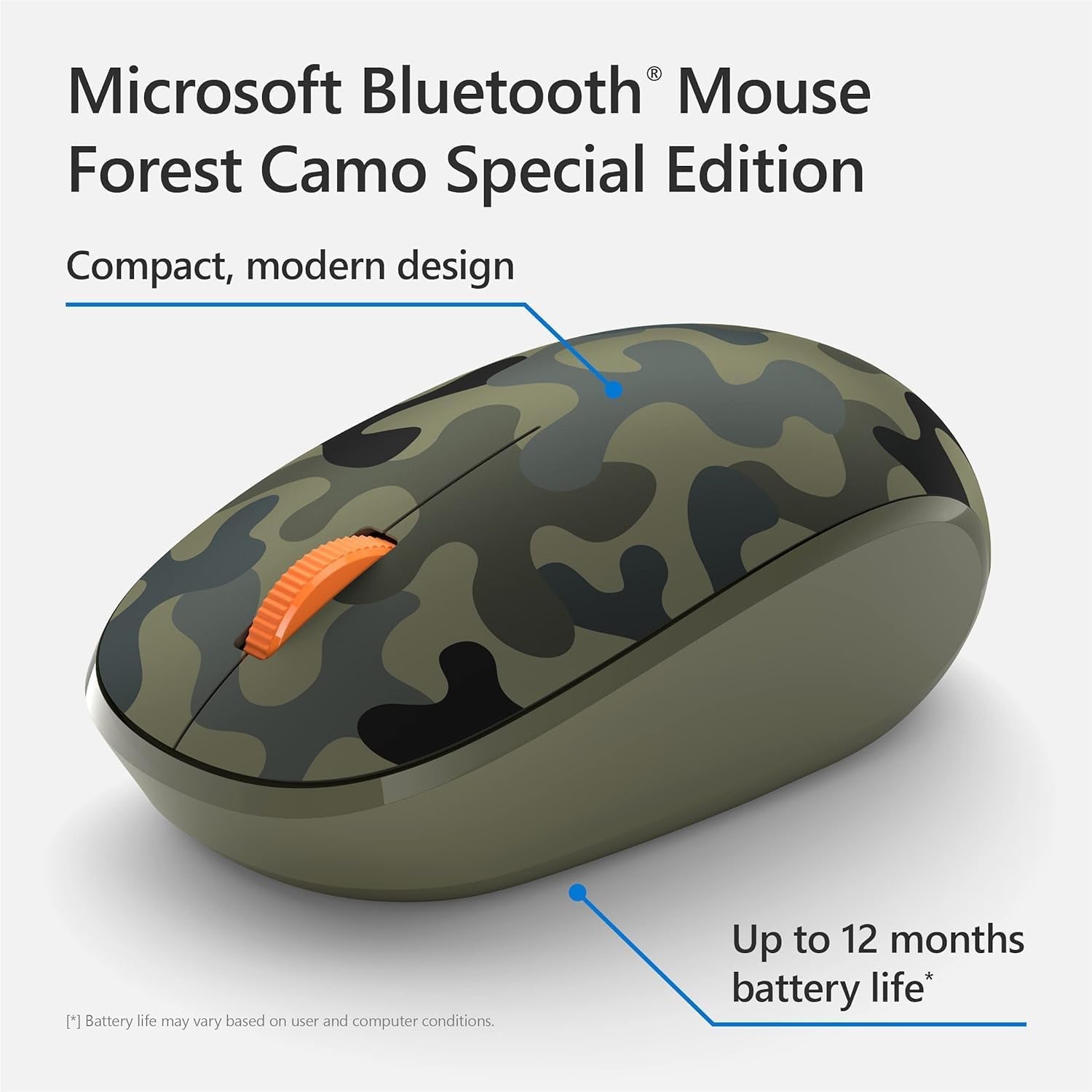 Microsoft Wireless Bluetooth Mouse Comfortable Design for Pc/Laptop/Desktop, Right/Left Hand Use, 3-Buttons, Works with Mac/Windows Computers with Cleaning Cloth - Forest Camo, Green
