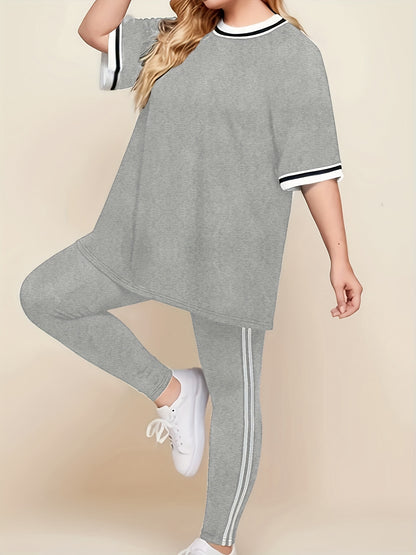 Կանացի մեծ չափսի առօրյա հանգստի հավաքածու - մոխրագույն և սպիտակ գծավոր մեծ չափսի մարզաշապիկ համապատասխան մարզաշապիկով, հարմարավետ բոլոր եղանակների տնային հագուստ, մարզաշապիկներ կանանց համար