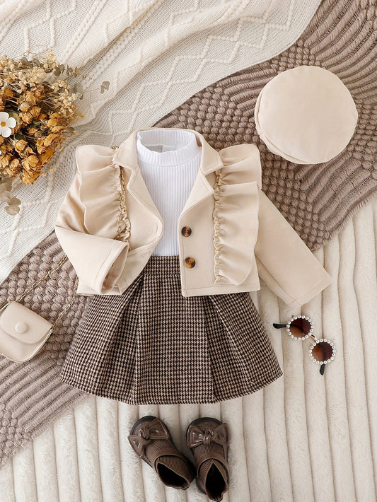 Vintage Girls Set, Ruffle Trim Long Sleeve Lapel Top + Box Pleated Plaid Skirt + Matching Beret, Winter/ Fall Clothes, Casual Outdoor, Party, Gift - Ayq