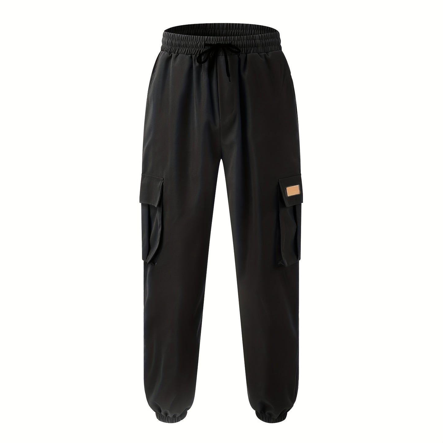 Men'S Fashion Cargo Pants, 100% Polyester Woven Fabric, All-Season Loose Fit with Drawstring Waist, Multi-Pocket Design, Solid Color, Mid Waist, Regular Length, Non-Stretch, Casual Joggers for Weekend - 160g/m²