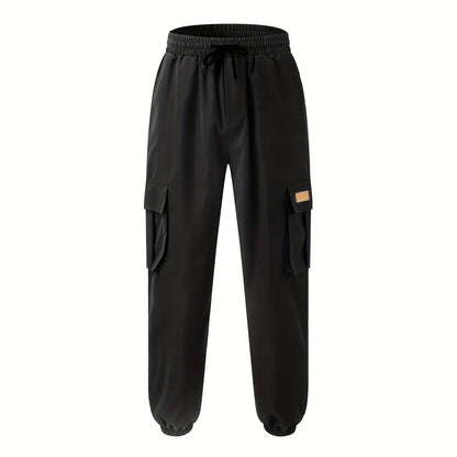 Men'S Fashion Cargo Pants, 100% Polyester Woven Fabric, All-Season Loose Fit with Drawstring Waist, Multi-Pocket Design, Solid Color, Mid Waist, Regular Length, Non-Stretch, Casual Joggers for Weekend - 160g/m²