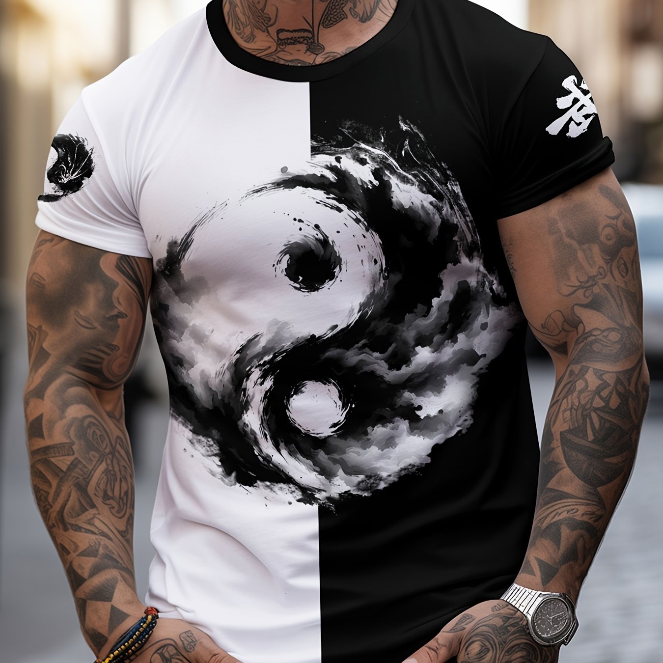 Տղամարդու Յին Յանգ 3D տպագրությամբ մարզաշապիկ՝ առօրյա, կլոր վզնոցով պոլիեսթերային մարզաշապիկ, թեթևակի ձգվող տրիկոտաժե գործվածք, սովորական չափս, 100% պոլիեսթերային մանրաթել, 100 գ/մ²