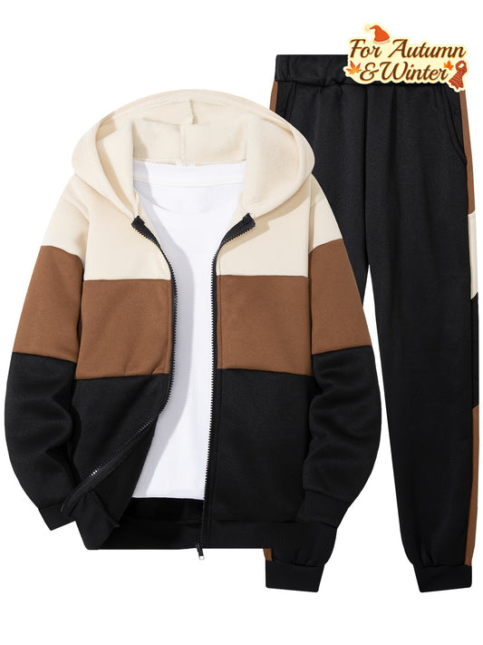 A Two-Piece Set for Boys Featuring a Casual Zip-Up Hoodie And Sweatpants, Designed with Trendy Color-Blocking for a Comfortable And Warm Autumn-Winter Sports Outfit, Perfect for Jogging And Everyday Wear, for Outdoor