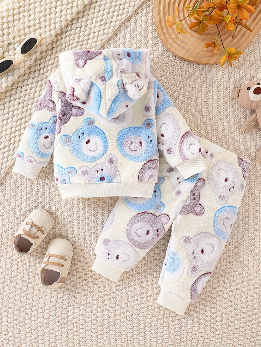European and American Autumn/Winter Boys' Flannel Fleece-Lined Cute Bear Pattern Beige Zip-Up Hoodie + Fleece-Lined Casual Pants Two-Piece Set, Perfect for Outdoor Wear, Essential Gift, Perfect for Outdoor, Thick