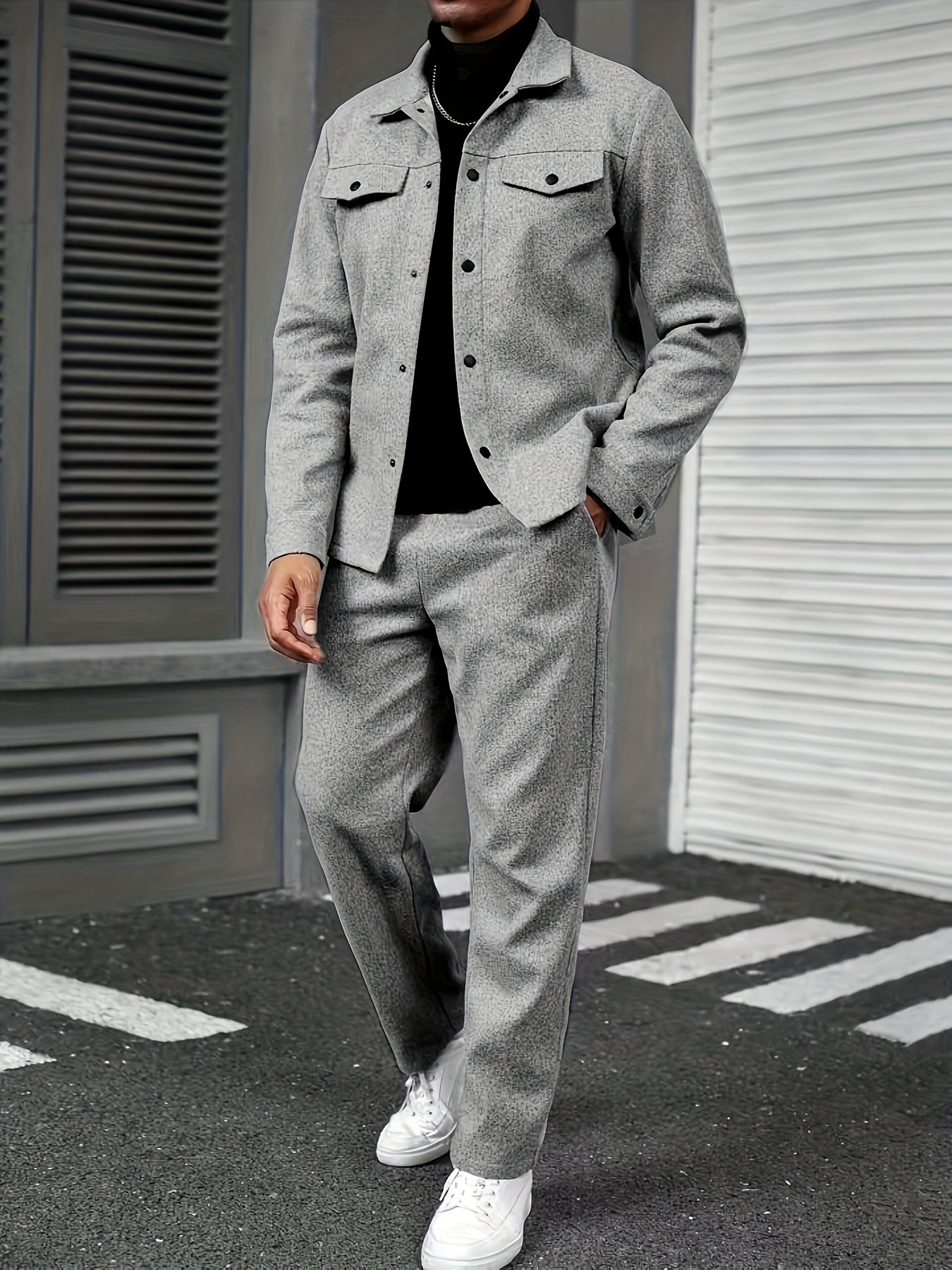 Տղամարդու երկկտոր առօրյա հագուստ - սև կոճակներով վերնաշապիկ և տաբատ, երկար թևքերով, ազատ չափսերով, չձգվող գործվածքով, իդեալական է գարնան/աշնան համար, առօրյա հագուստ | ազատ չափսերով | կոճակներով վերնաշապիկ