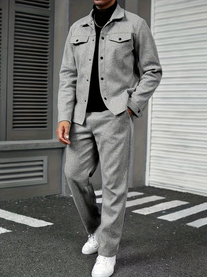 Տղամարդու երկկտոր առօրյա հագուստ - սև կոճակներով վերնաշապիկ և տաբատ, երկար թևքերով, ազատ չափսերով, չձգվող գործվածքով, իդեալական է գարնան/աշնան համար, առօրյա հագուստ | ազատ չափսերով | կոճակներով վերնաշապիկ