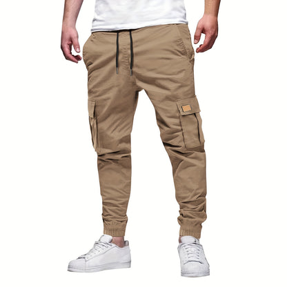 Men'S Fashion Cargo Pants, 100% Polyester Woven Fabric, All-Season Loose Fit with Drawstring Waist, Multi-Pocket Design, Solid Color, Mid Waist, Regular Length, Non-Stretch, Casual Joggers for Weekend - 160g/m²