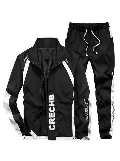 2025 թվականի նոր սպորտային հավաքածու տղամարդկանց համար՝ գարնանային և աշնանային, նորաձև, տպագիր բաճկոն, 100% պոլիեսթեր, փափուկ գործվածք, լվացքի մեքենայով լվացվող, սպորտային ազատ վազքի համազգեստի 2 հատանոց հավաքածու, դեռահասների համար