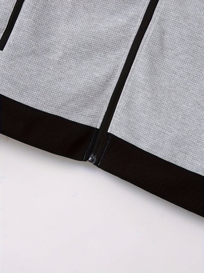 Տղամարդու սպորտային գունային բլոկով կայծակաճարմանդով բաճկոնի և վազքի տաբատի հավաքածու - պոլիեսթերի խառնուրդ, իդեալական է գարնան/աշնան համար