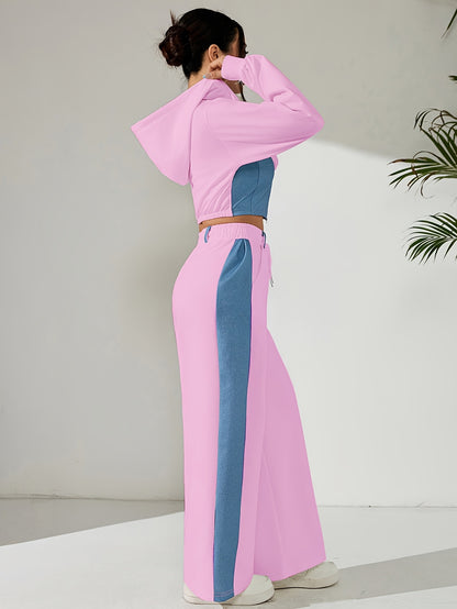 Women'S Stylish Two-Piece Set - Blue & Black Zip-Up Hoodie with Pockets, Long Sleeve Crop Top, and Wide-Leg Pants, Perfect for Spring/Fall, Casual Elegance, Casual Attire|Modern Casualwear|Zippered Hoodie