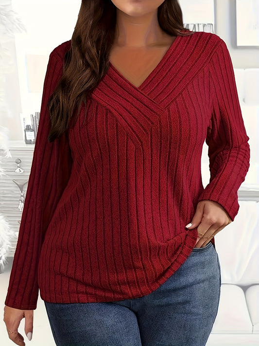 Women's Plus Size Ribbed Knit Sweater - Casual V-Neck Long Sleeve T-Shirt | Polyester 100% Solid Color Pullover - Fall/Winter Collection