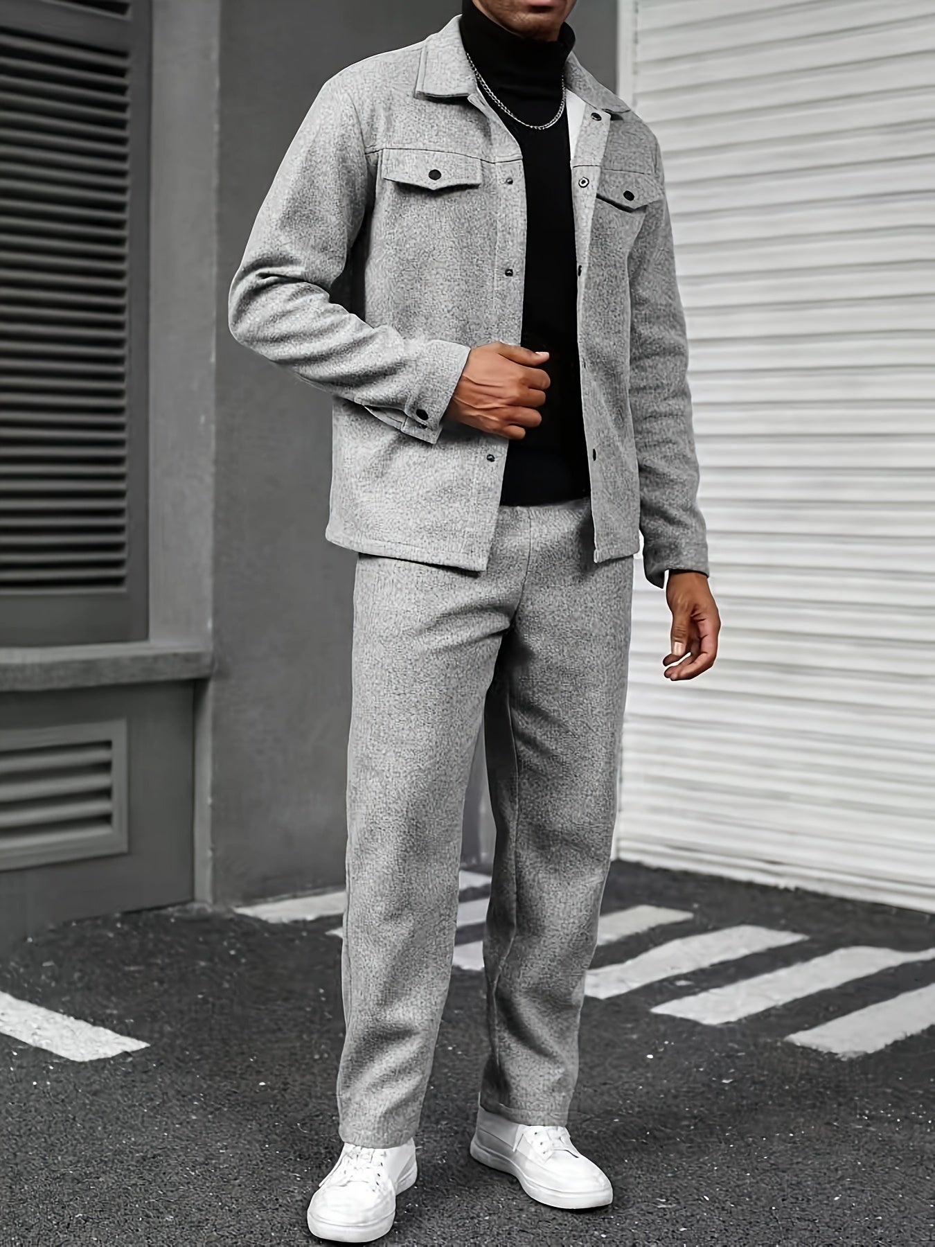 Տղամարդու երկկտոր առօրյա հագուստ - սև կոճակներով վերնաշապիկ և տաբատ, երկար թևքերով, ազատ չափսերով, չձգվող գործվածքով, իդեալական է գարնան/աշնան համար, առօրյա հագուստ | ազատ չափսերով | կոճակներով վերնաշապիկ