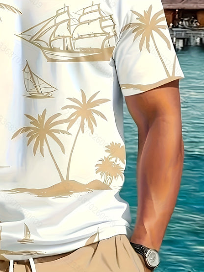 A set of 2 stylish Men's palm tree pattern summer fresh T-shirts and shorts, micro-stretch polyester knit fabric with a fitted fit, suitable for outdoor activities and family gatherings.