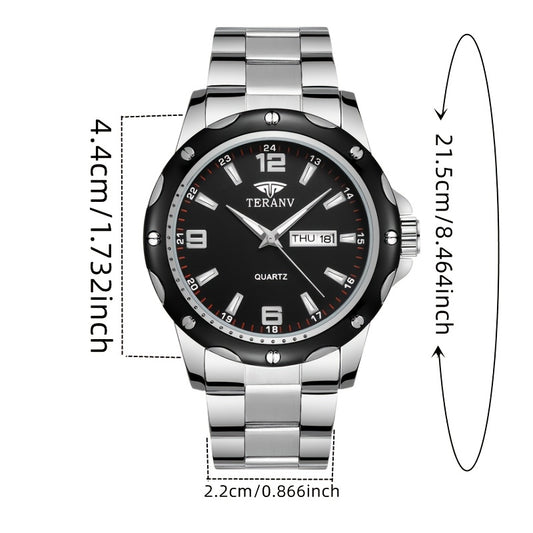 Elegant Men's Stainless Steel Quartz Watch - IPX7 High Quality, Luminous Hands, Date & Day Display, Business Casual Sporty Design for Everyday & Water Activities, Versatile Wristwatch, Sleek Strap Design, Glowing Markers