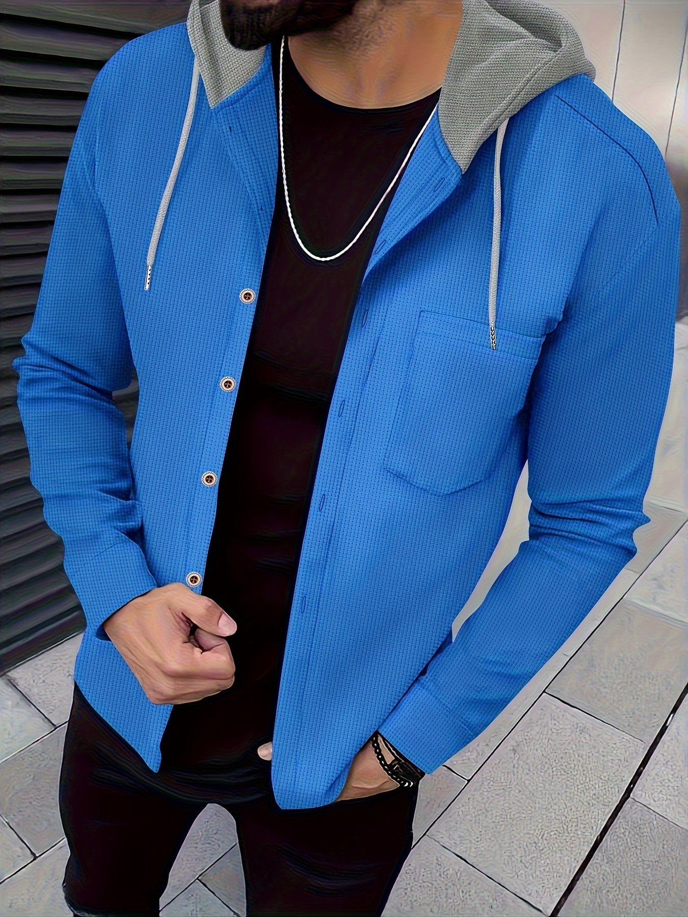 Տղամարդու առօրյա գլխարկով բաճկոն - փափուկ, շնչող պոլիեսթերից՝ կոճակներով դիզայնով և գրպաններով | Հիանալի է գարնանային, աշնանային և բացօթյա գործունեության համար, երկար թևքերով, նորաձև, ամենօրյա, հանգստի ոճով, ավանդական տարբերակով