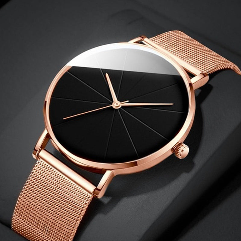 Elegant Minimalist Large Dial Watch with Rose Golden Case and Mesh Strap - Japanese Quartz Movement, Analog Display, Zinc Alloy, Screw-Back Closure for Men and Women