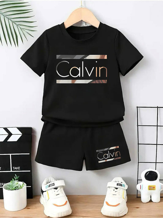 2pcs - Youngsters' Short Sleeve Shorts Set - Street Style Casual "Calvin" Letter Print, Vibrant Design - Summer Outdoor Outfit, Polyester Fabric, Comfortable for All Seasons, Daily Wear | Lively Printed Top | Stretchy Materia