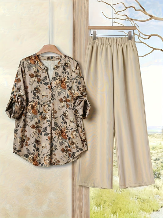 Էլեգանտ ծաղկային նախշերով բլուզ և բարձր իրանով տաբատ - Գարուն/ամառ նորաձև կանաչ և սպիտակ ծաղկային վերնաշապիկ՝ ծալքավոր թևքերով, կոճակներով առջևի դիզայնով և լայն տաբատով, գարուն-ամառային հանդերձանք | Ծաղկային նախշերով բլուզ | Կոճակներով առջևի կապույտ