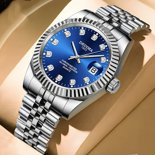 DEDIMA Elegant Stainless Steel Band Calendar Watch, Quartz Movement, Round Dial with Rhinestones, Battery-Powered, Non-Rechargeable Button Battery, Regular Cleaning, for Men, Women, Students, Christmas, Valentine'S Day, Thank