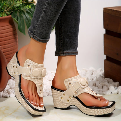 Կանացի հաստ հարթակային սանդալներ մետաղական կեռիկներով - Սահող քառակուսի քթով, շնչող գործվածքից պատրաստված վերին մաս, ռետինե ներբան՝ առօրյա հարմարավետության համար, հարմարավետ կոշիկներ, նրբագեղ դիզայն, դիմացկուն կոշիկներ՝ ամուր կպչունության համար։