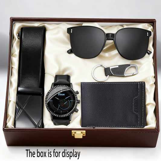 5pcs Men's Luxury Quartz Watch & Accessory Set - Analog Business Style Watch with Black Wallet, Belt, Glasses & Keychain | - Round Watch for Birthdays, Weddings, Prom | Complete Grooming Kit for Professional & Special