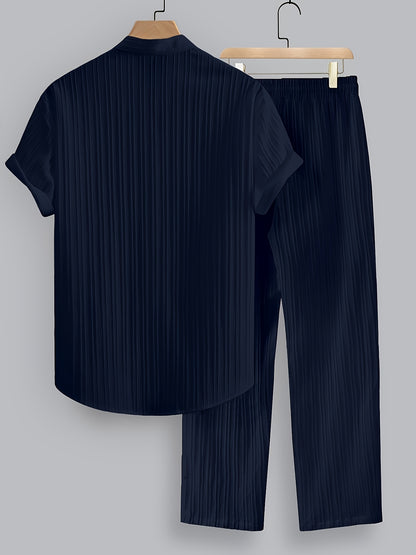 2-Piece Men's Summer Striped Polyester Suit, Short Sleeve Stand Collar Shirt and Drawstring Pants, Non-Stretch Fabric, Suitable for Casual Wear and Beach Vacation, Solid Color