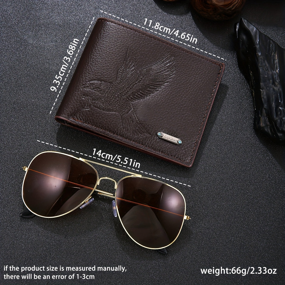2pcs Men's wallet set with an eagle spreading its wings design, featuring fine embossing and a metal nameplate, paired with stylish glasses to showcase a rugged style, suitable for daily use by mature men or as a holiday gift